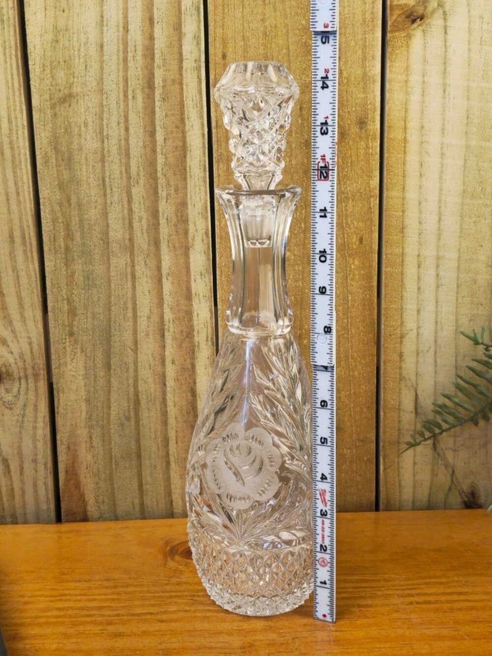 Vintage Crystal Decanter With Rose Etching & Stopper 12" Tall Elegant Glassware
